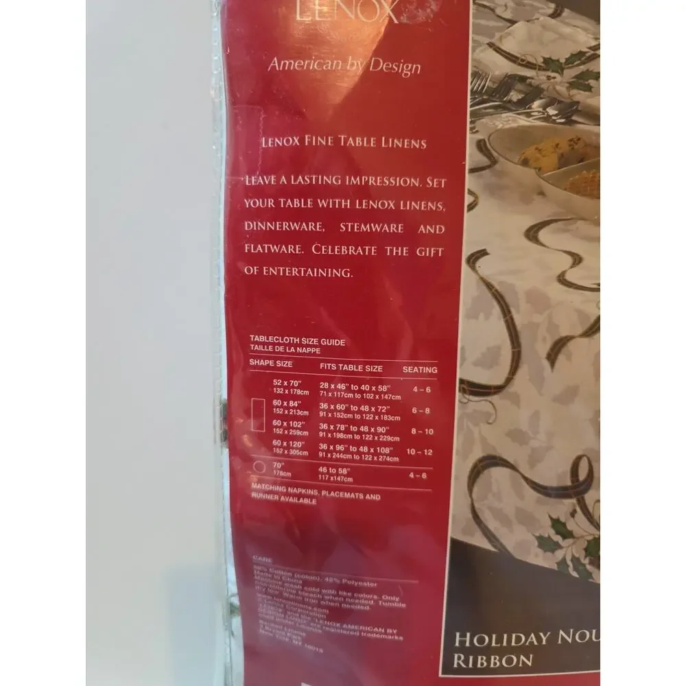 LENOX HOLIDAY NOUVEAU Red Green Ivory CHRISTMAS Holly Ribbon TABLECLOTH 60X140